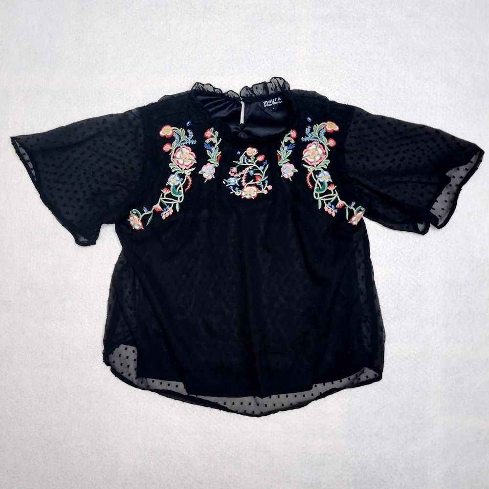 Floral Embroidered Boho Sheer Blouse Womens L Black Cottagecore Swiss Dot